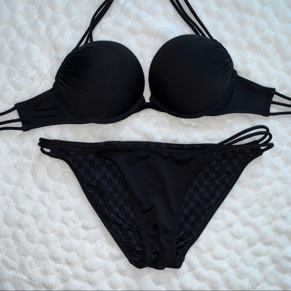 2 Pc Bikini Set Bombshell Halter Adds 2 Cups Black 32B  Small - Picture 2 of 10